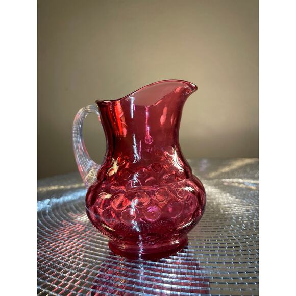 Vintage Cranberry Glass Coin Dot Thumbprint Pitcher W/ Clear Ribbed Bud Vase - Picture 12 of 13